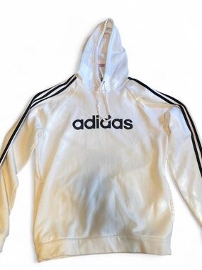 adidas White Hoodie with Black Tag and Striped Neck Trim